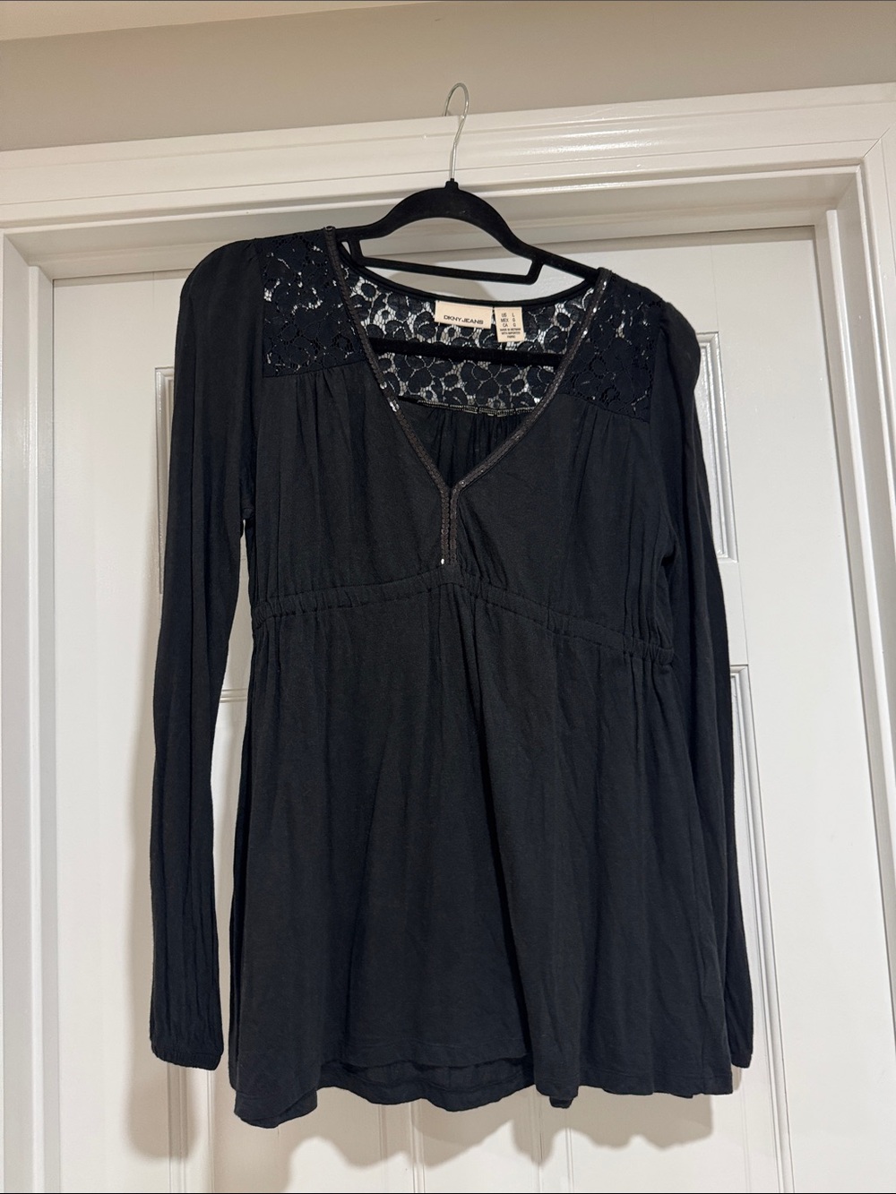 Y2K DKNY Jeans Donna Karan Black Lace-Yoke Long Sleeve Women's Top Y2K Babydoll